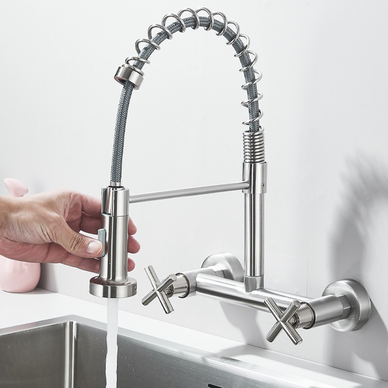 Commercial 8 Inch 2 Handle Wall Mount Kitchen Sink Faucet with Pull Down Sprayer