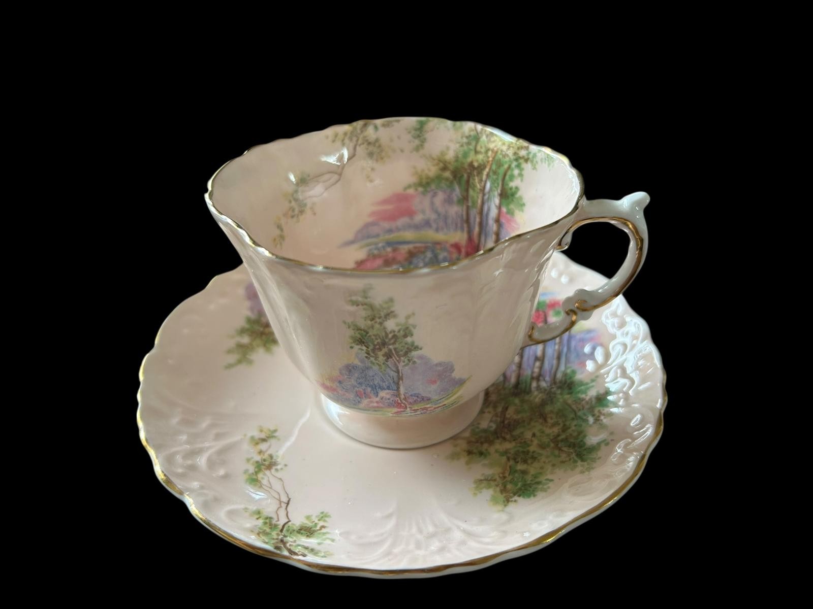 Vintage Porcelain Tea Cup/Saucer Set w Scenic Tree Design Aynsley Bluebell Time