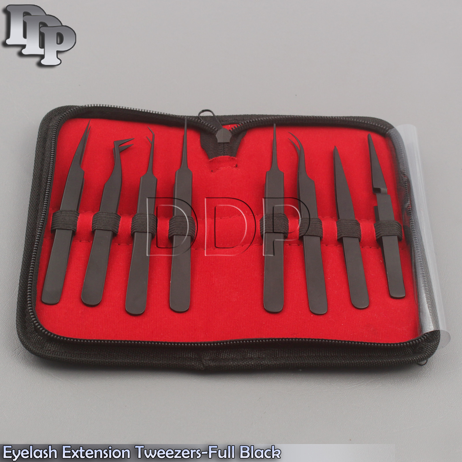 Stainless Steel 8 Pieces Eyelash Extension Tweezers-Full Black