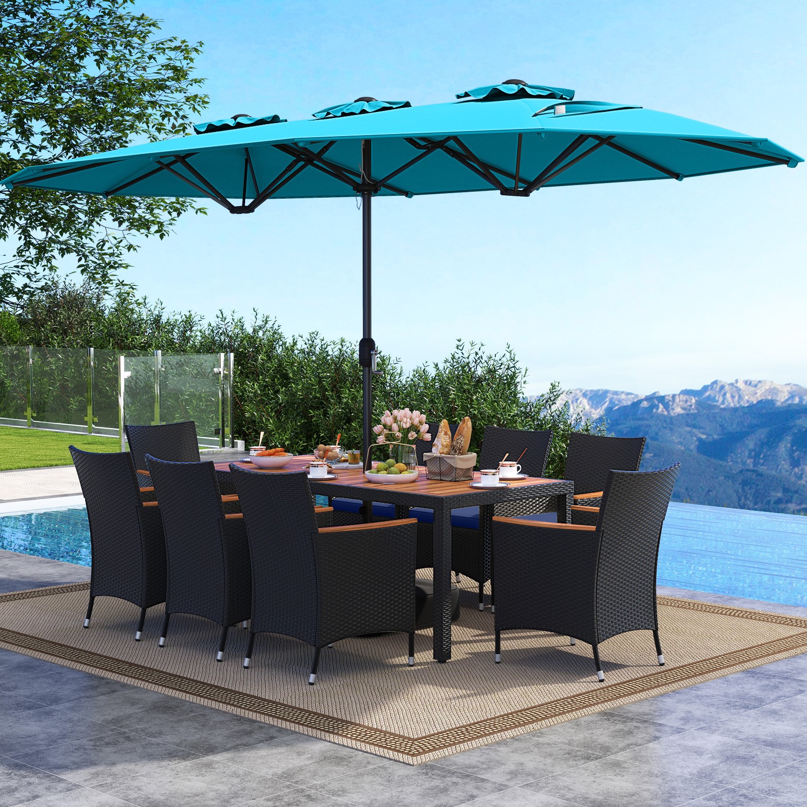 11 PCS Patio Wicker Dining Set w/Double-Sided Outdoor Umbrella 8 Stackable