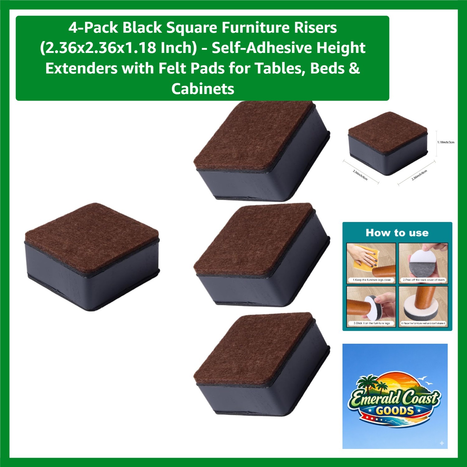 Black Square Furniture Risers - 4-Pack with Felt Pads for Scratch Protection