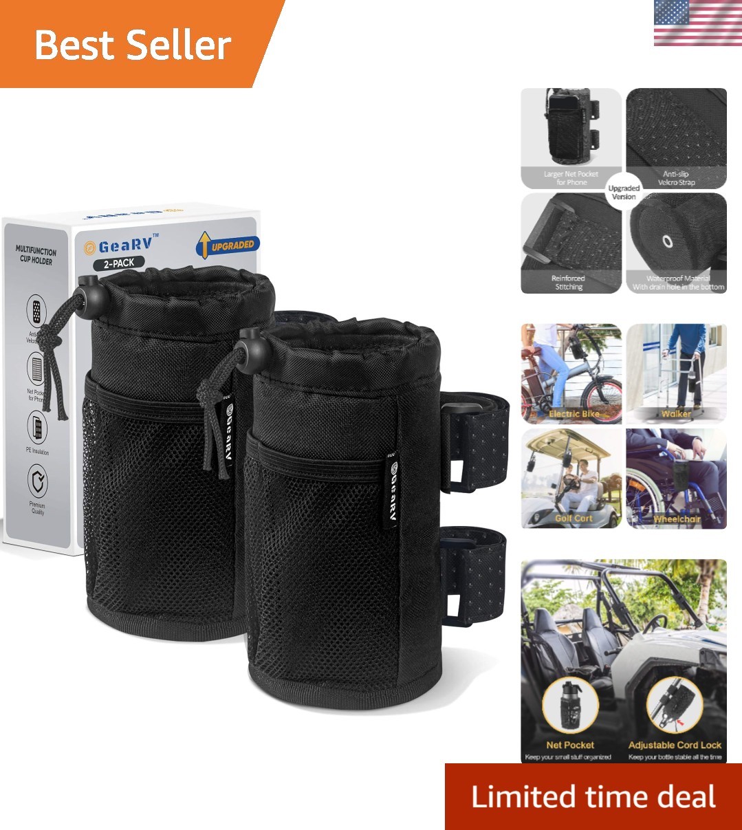 2Pack Cup Holder for Bike, Scooter and Wheelchair, Water Bottle Holder for UT...