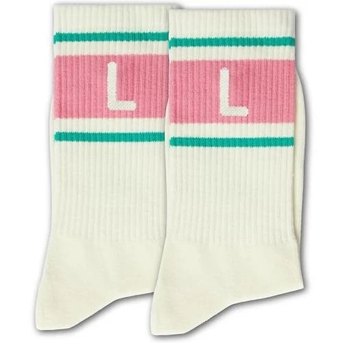 Pink and Light Green Striped Socks with The Letter White L