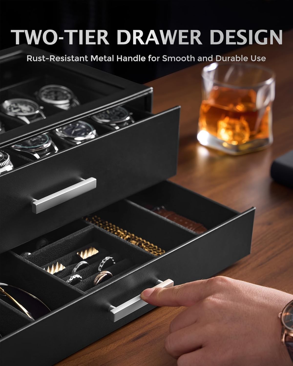 Watch Box 12-Slot 2-Tier Pull-Out Drawers Display Case Storage Organizer Men