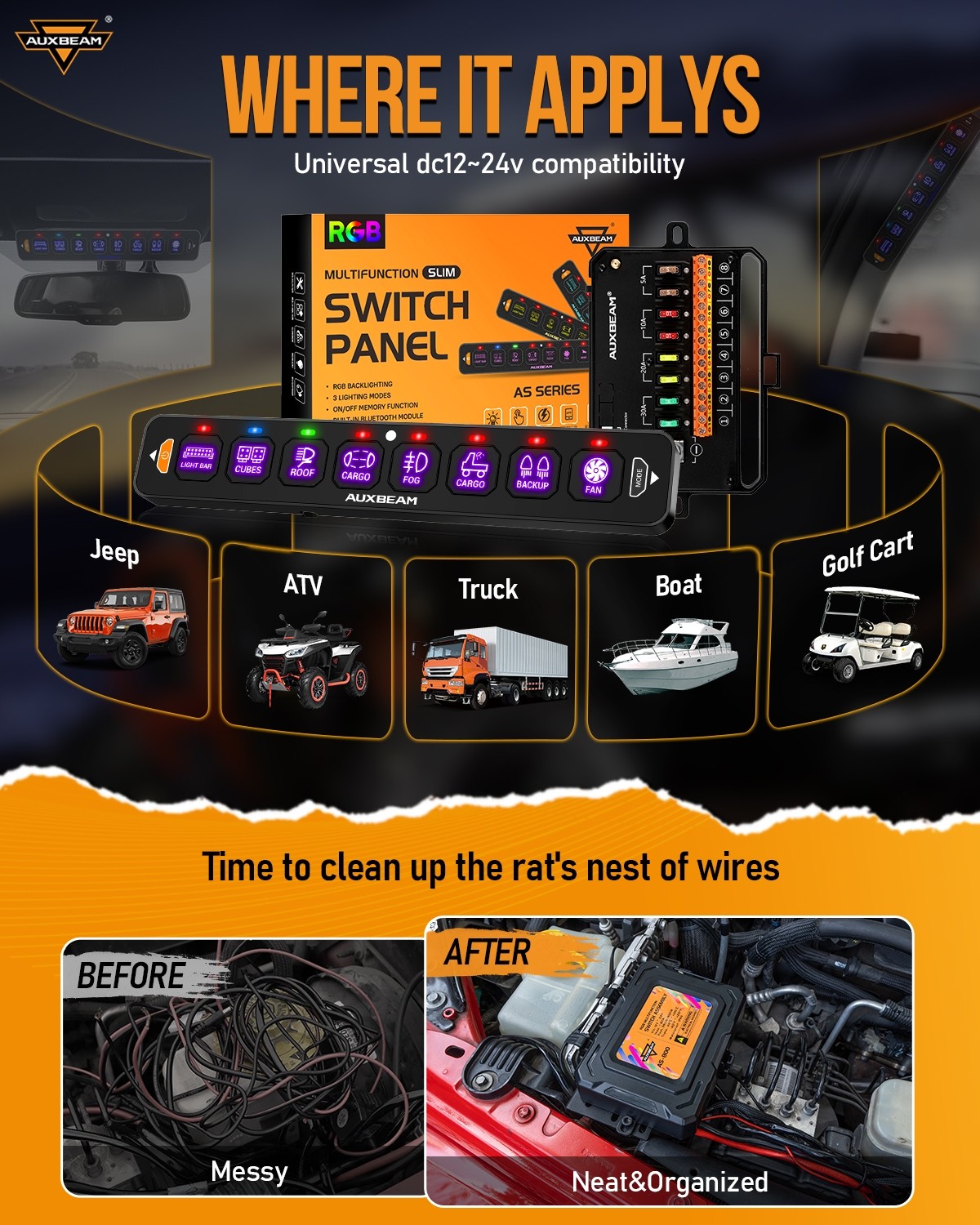 AUXBEAM 8 Gang RGB Switch Panel APP & Remote Control Automatic Dimmable for Ford