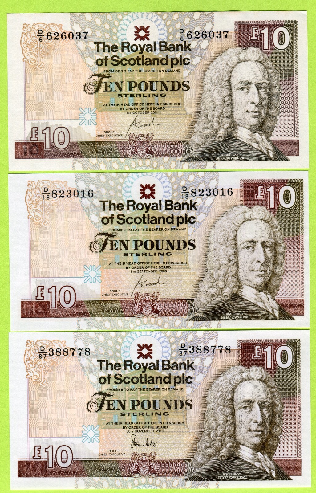 Scotland (Royal Bank) 10 Pounds 2001 2006 2010 P353b AU / P353b P353c UNC
