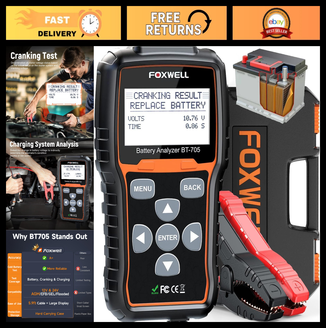 Car Battery Tester 12V 24V, Digital Load Tester for Cranking & Charging Systems,