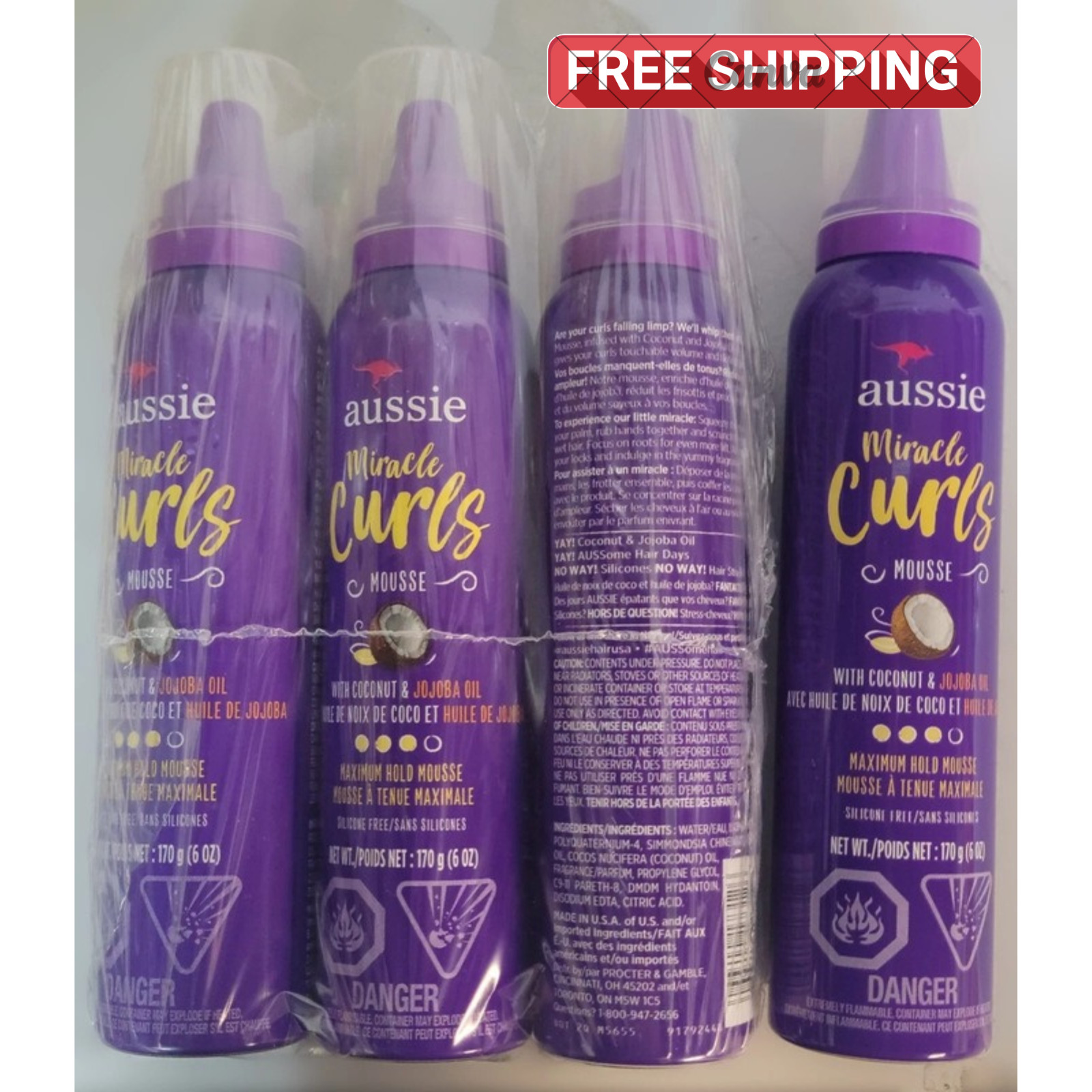 4 x Aussie Miracle Curls Maximum Hold Coconut Jojoba Oil 170g - FREE SHIPPING