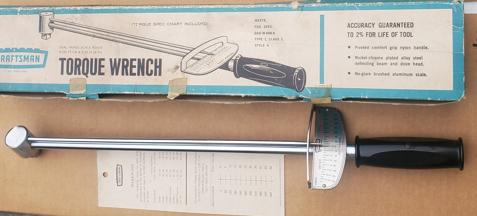 Vintage Craftsman 0-150 Ft lb Torque Wrench 1/2" Drive 9-44641 Box Chart USA