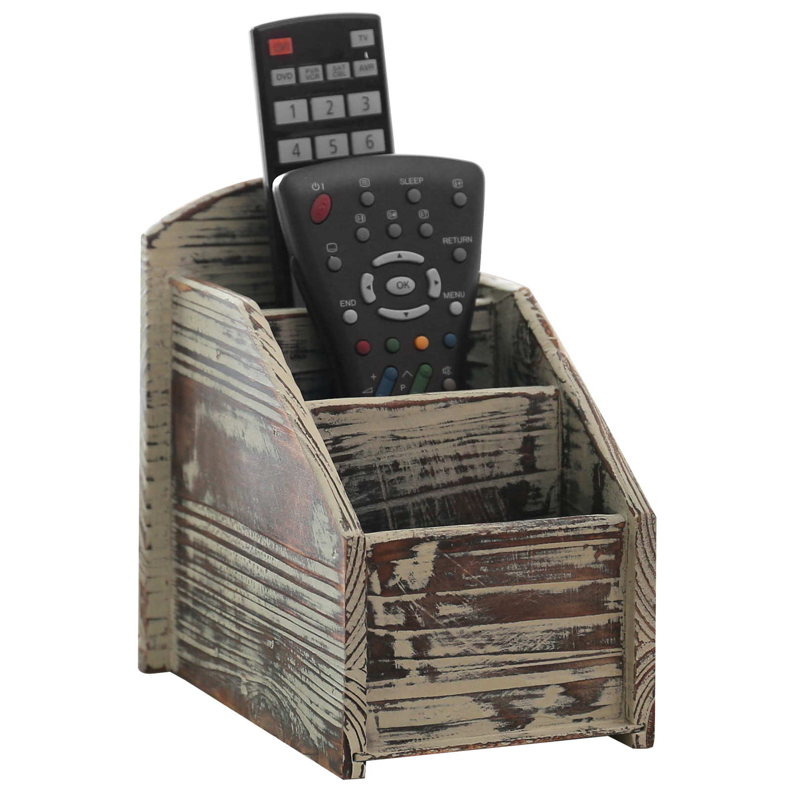 3 Slot Torched Wood Remote Control Caddy/Media Organizer, Office Supply Storage