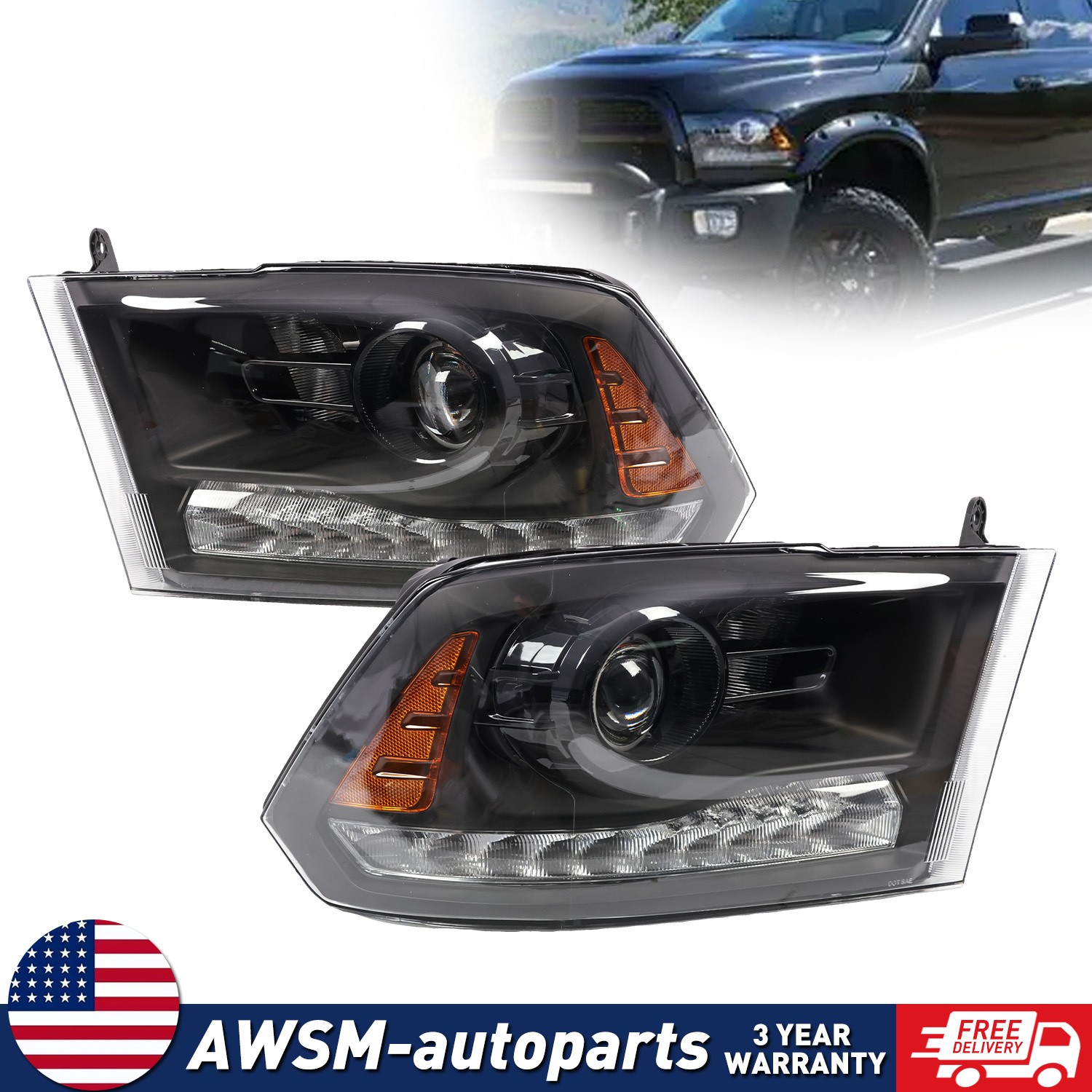 For Dodge Ram 1500 2500 3500 2013-2018 Black Projector Headlights w/LED DRL