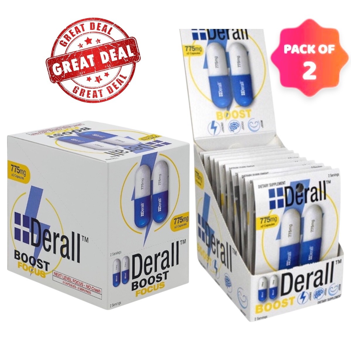 Derall Boost Focus 775mg NEXT LEVEL FOCUS  2 Full Boxes NO CRASH