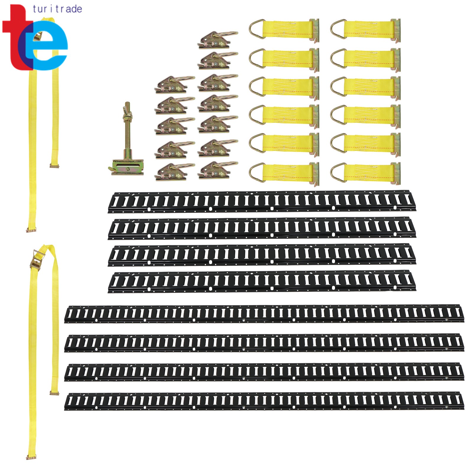 35 Pack 4× 5' & 4× 8’ E Rails 12× O-Rings 12× D-Ring 2× 12‘ Ratchet Straps