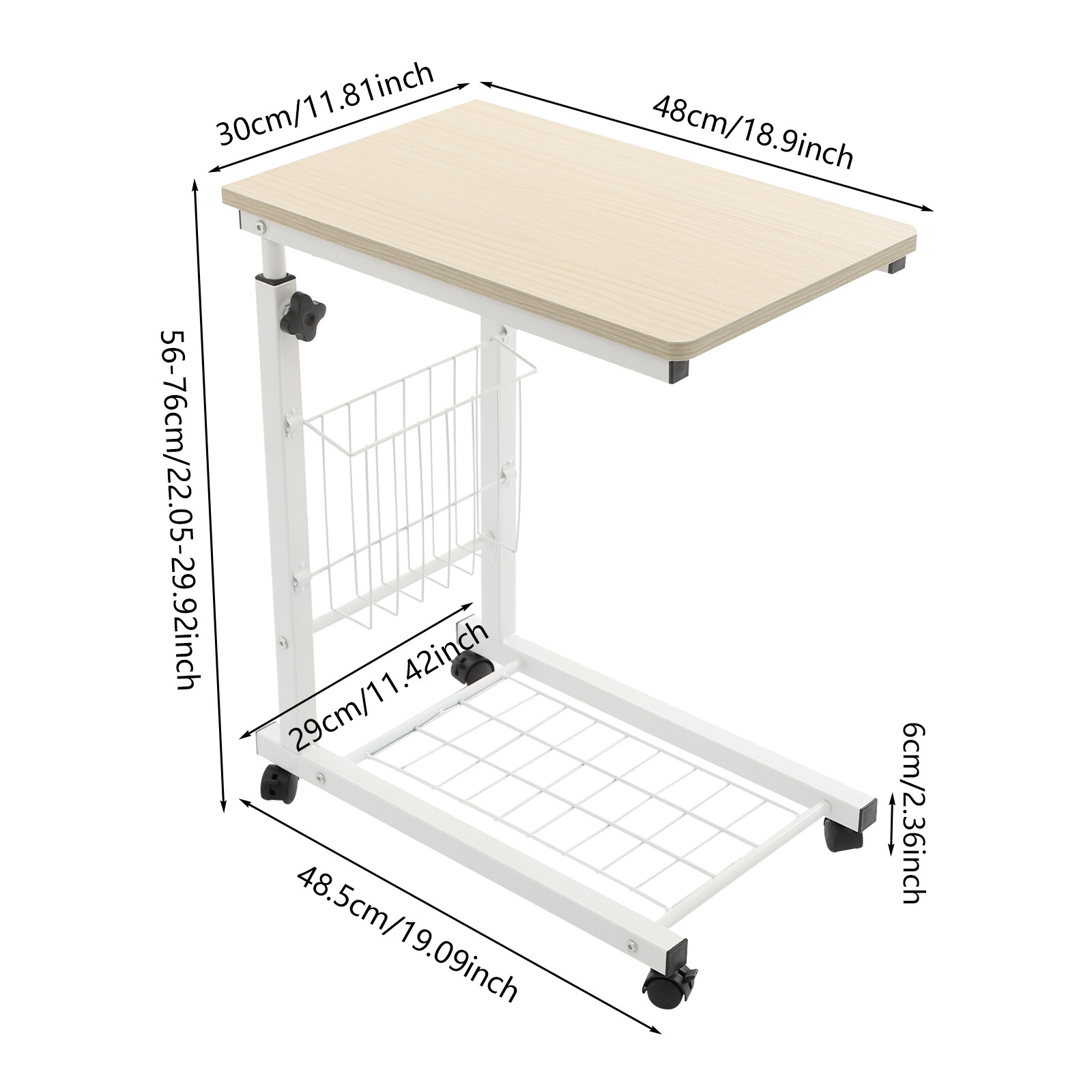 2 Tiers Adjustable Bed Side Table Thickened Mobile Standalone Table w/ Wheels