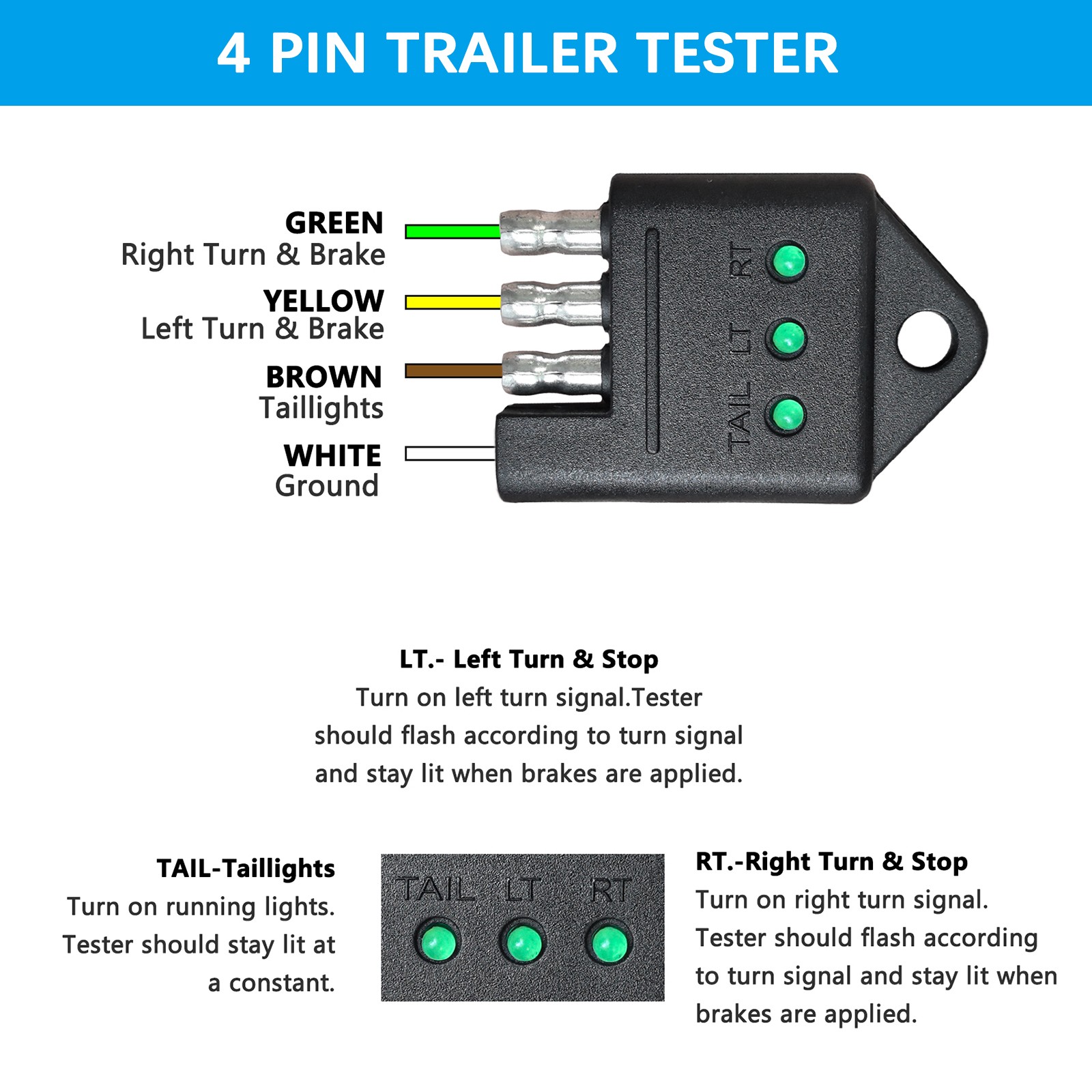 7 Way 4 Pin Flat Round RV Blade Trailer Wiring Tester Light Connector Test Plug