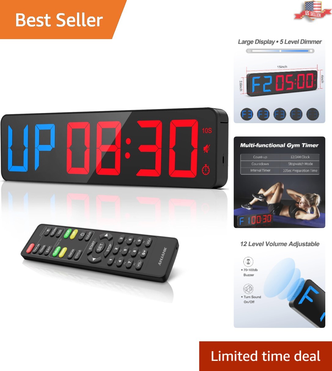 15" LED Gym Timer with Remote - Adjustable Buzzer & Multiple Workout Modes