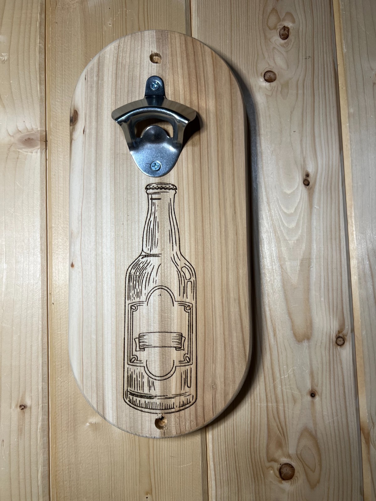 Cedar Wall Mounted Bottle Opener | Rustic Engraved Wood Bar Decor