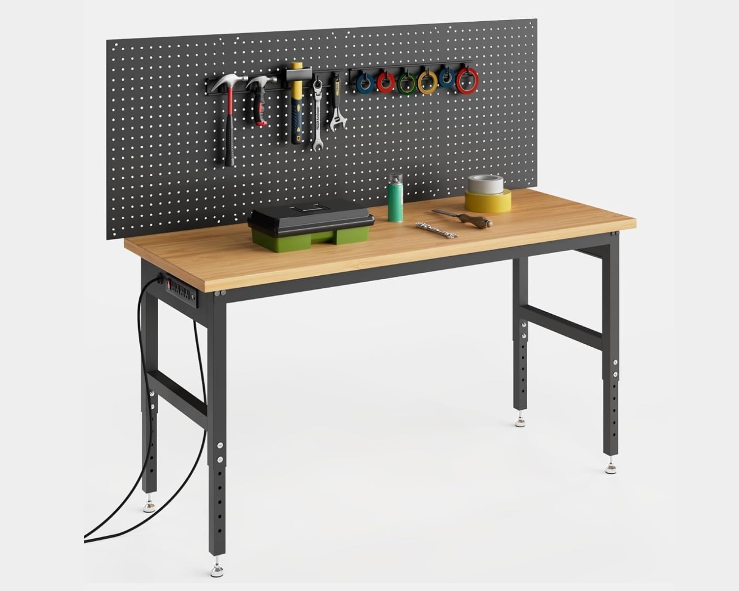 Heavy Duty 60in Workbench Adjustable Height Pegboard Table with Power Outlets
