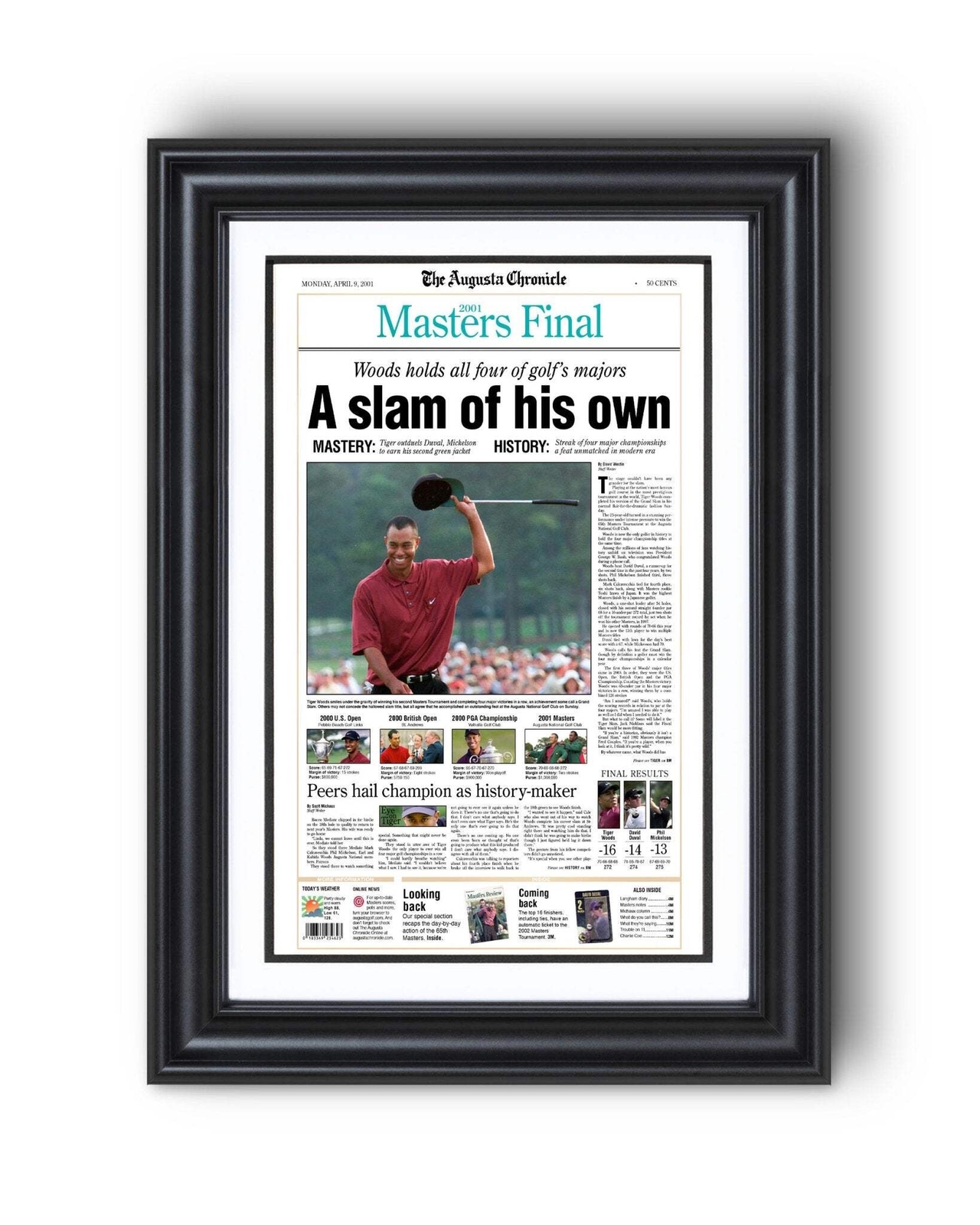 2001 Tiger Woods Masters Champion 'A slam of his own' Framed Newspaper