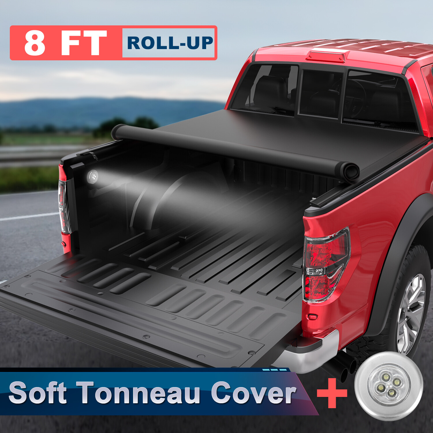8FT Soft Roll Up Truck Bed Tonneau Cover For 2004-2008 Ford F150 F-150 w/ Lamp