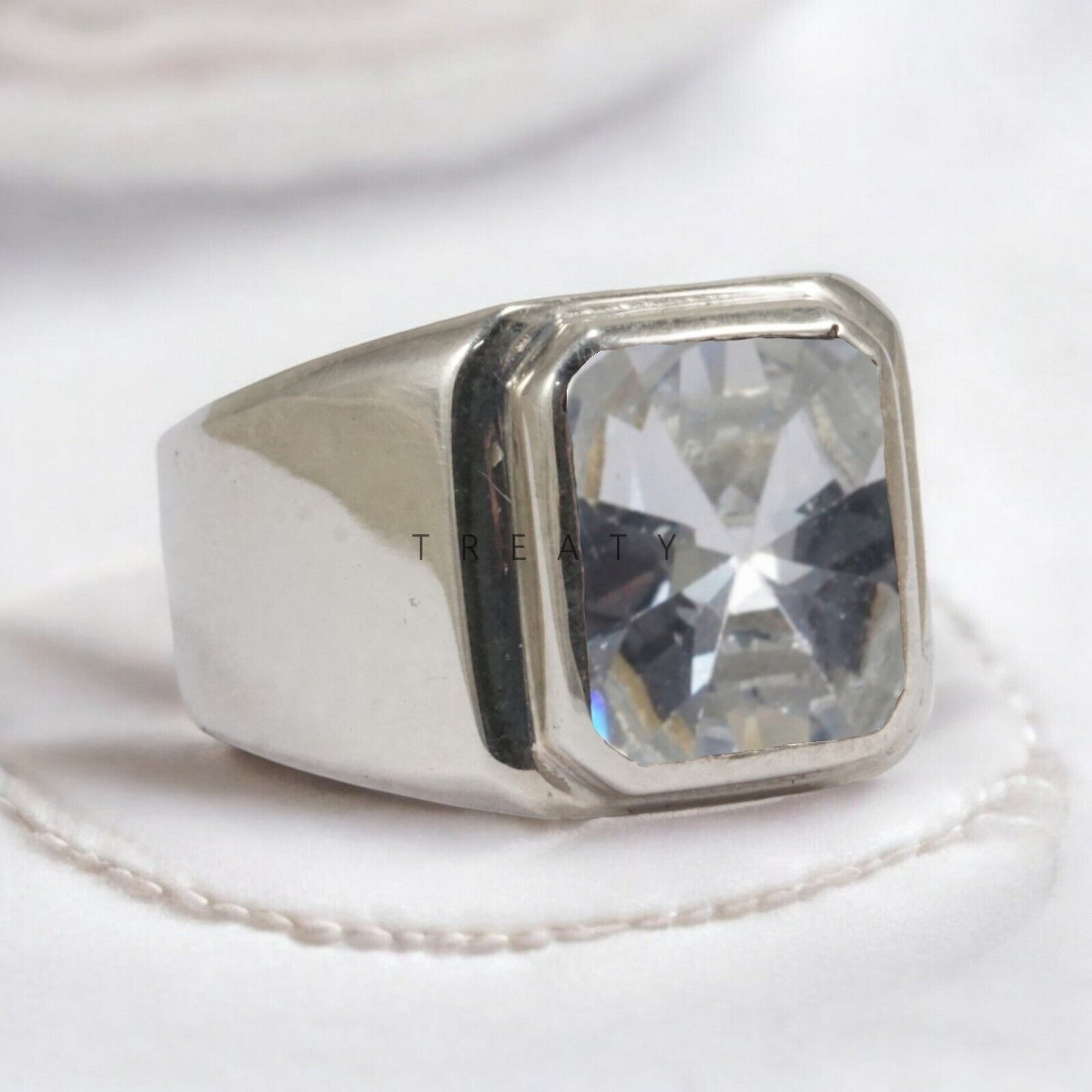 Moissanite Emerald Cut Gemstone With 14K Solid White Gold Ring For Men's #A4