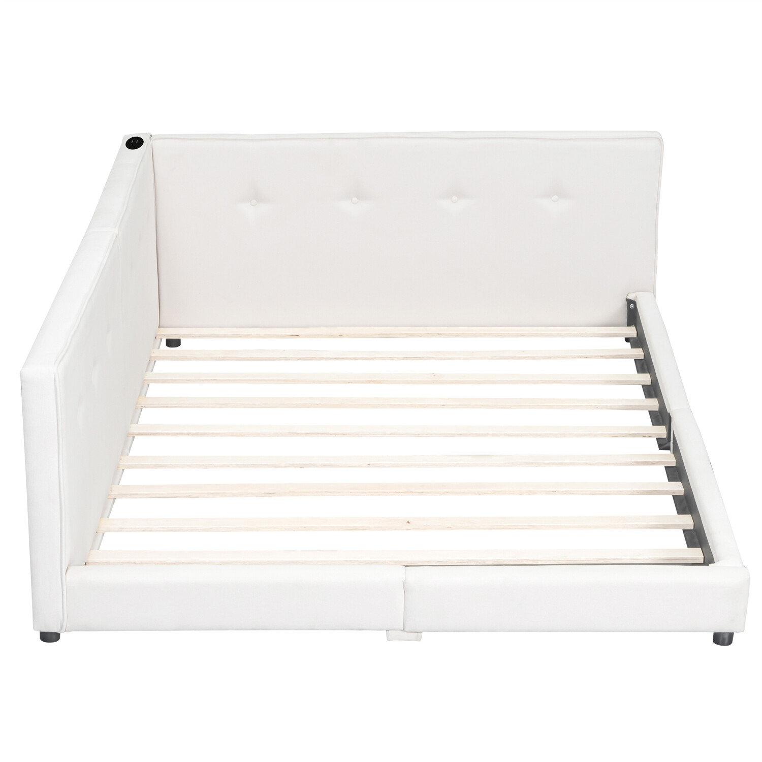 Full/Queen Size Bed Frame Upholstered Platform Bed w/ USB Ports Beige/Blue