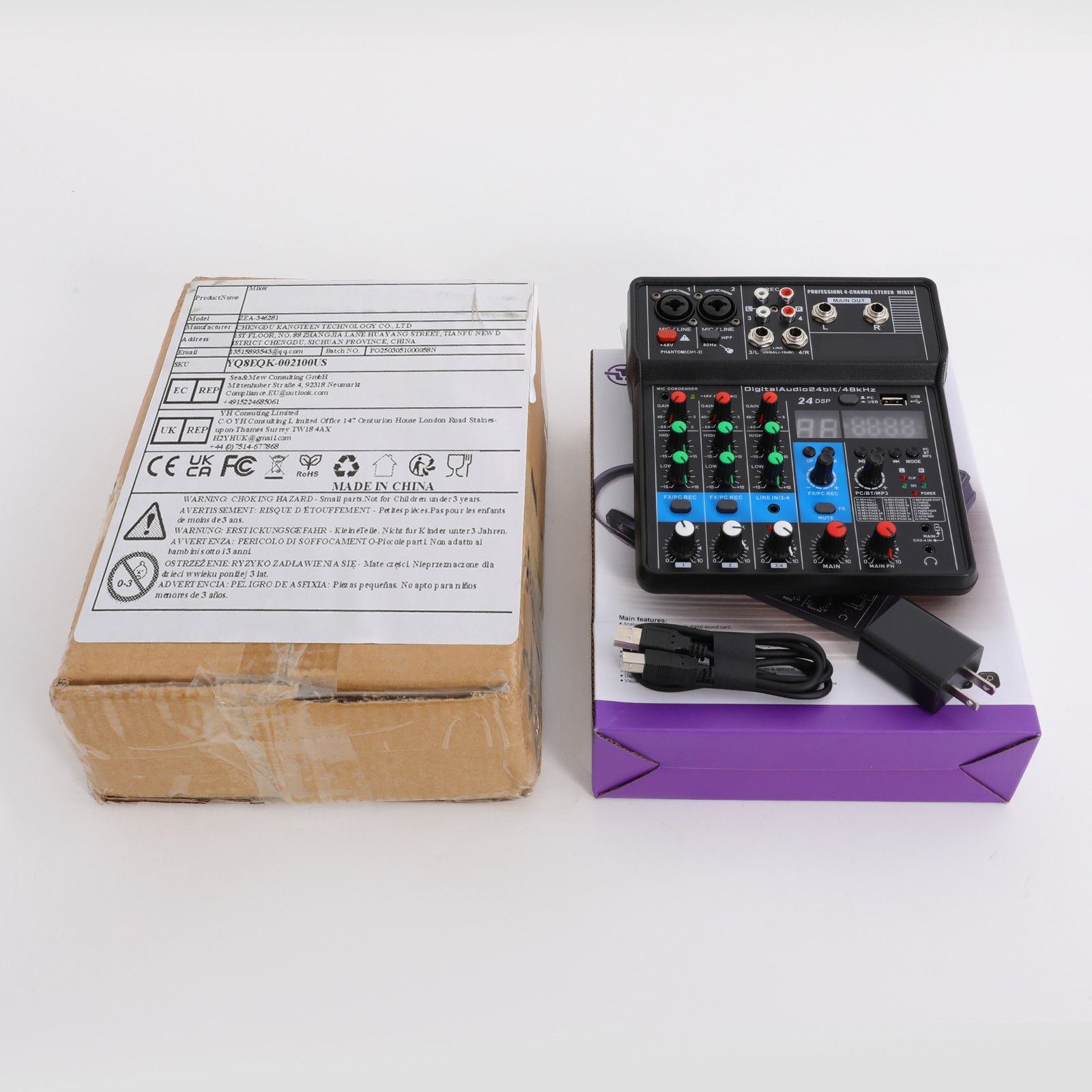 Mini Audio Mixer Bluetooth USB DJ Console 4 Channel Karaoke Live Studio 24 DSP