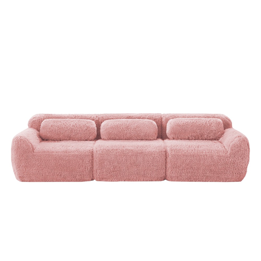 Modular Sectional Sofa w/ Ottoman & Pillows, Plush Pink Fabric