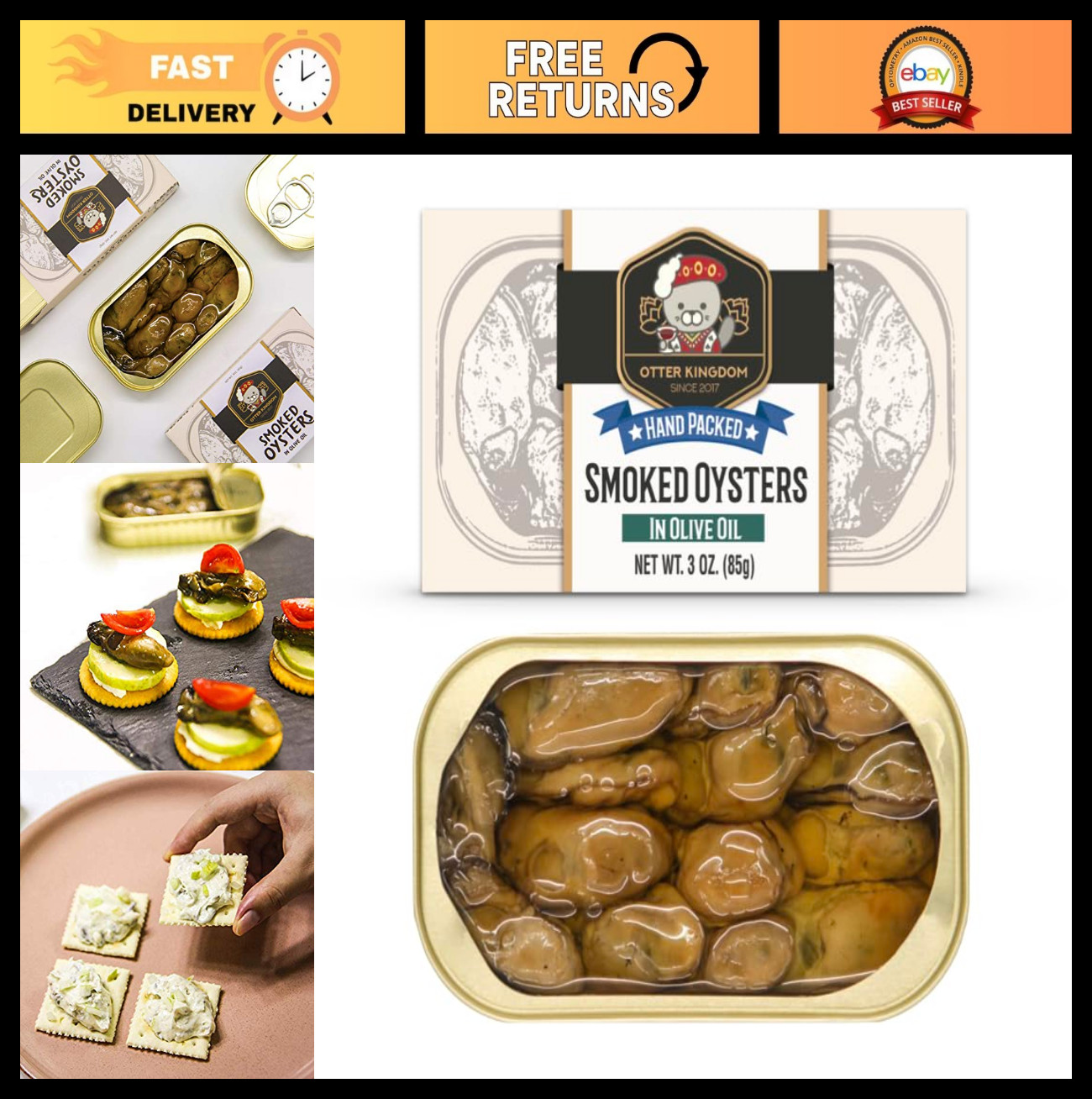 Premium Smoked Oysters in Olive Oil - 3oz Cans, Pack of 12, Gourmet Seafood Trea