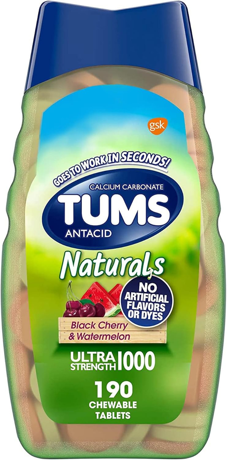TUMS Naturals Ultra Strength Antacid Chews, Black Cherry & Watermelon, 190 Count