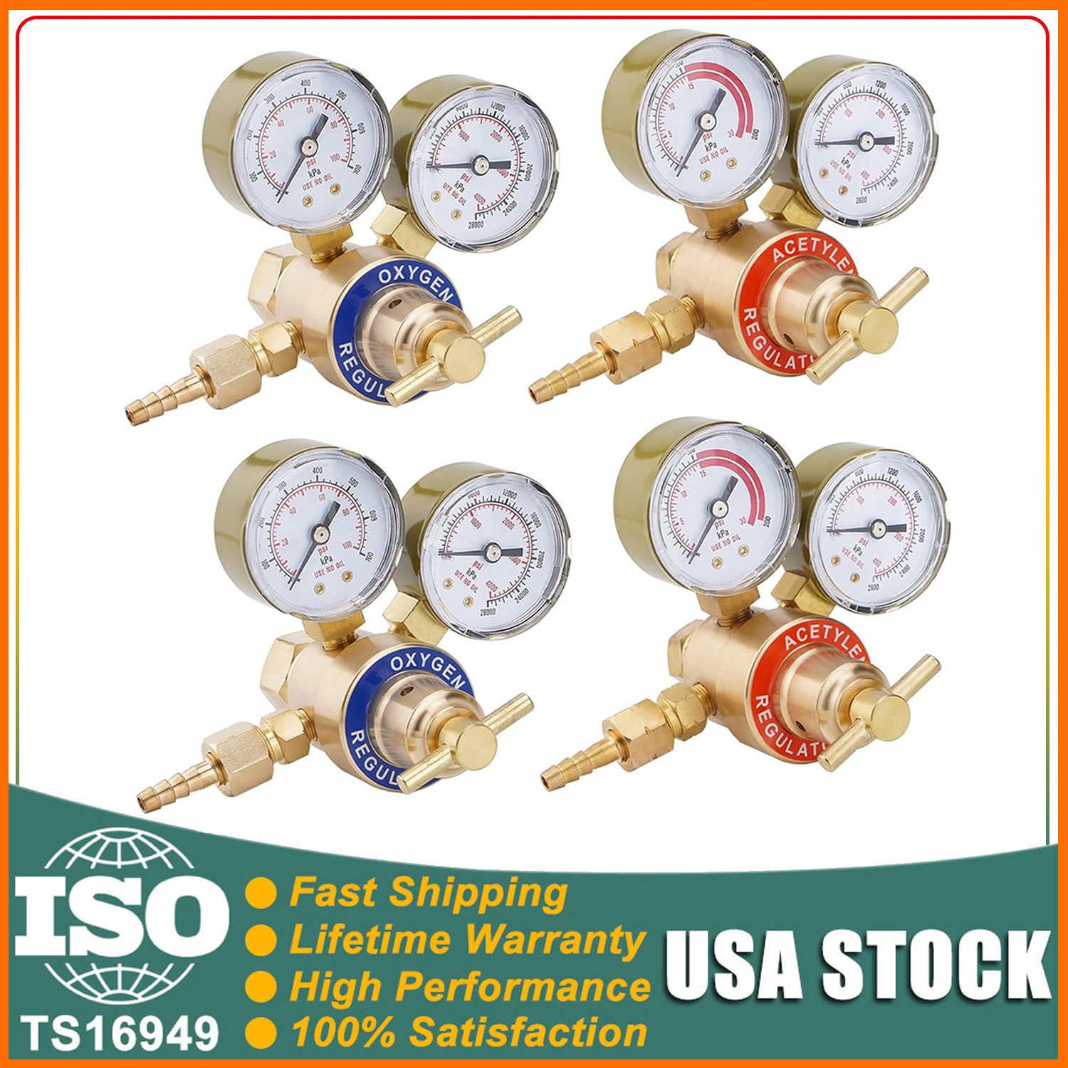 Pack of 4 Oxygen and Acetylene Regulators Welding Gas Gauges CGA540 and CGA200