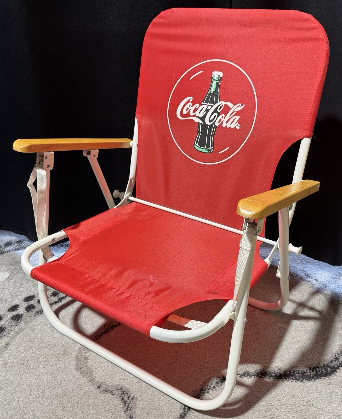 1998 Coca Cola COKE Lawn Chair Metal Wood Collapsible Vintage Folding w/ Strap