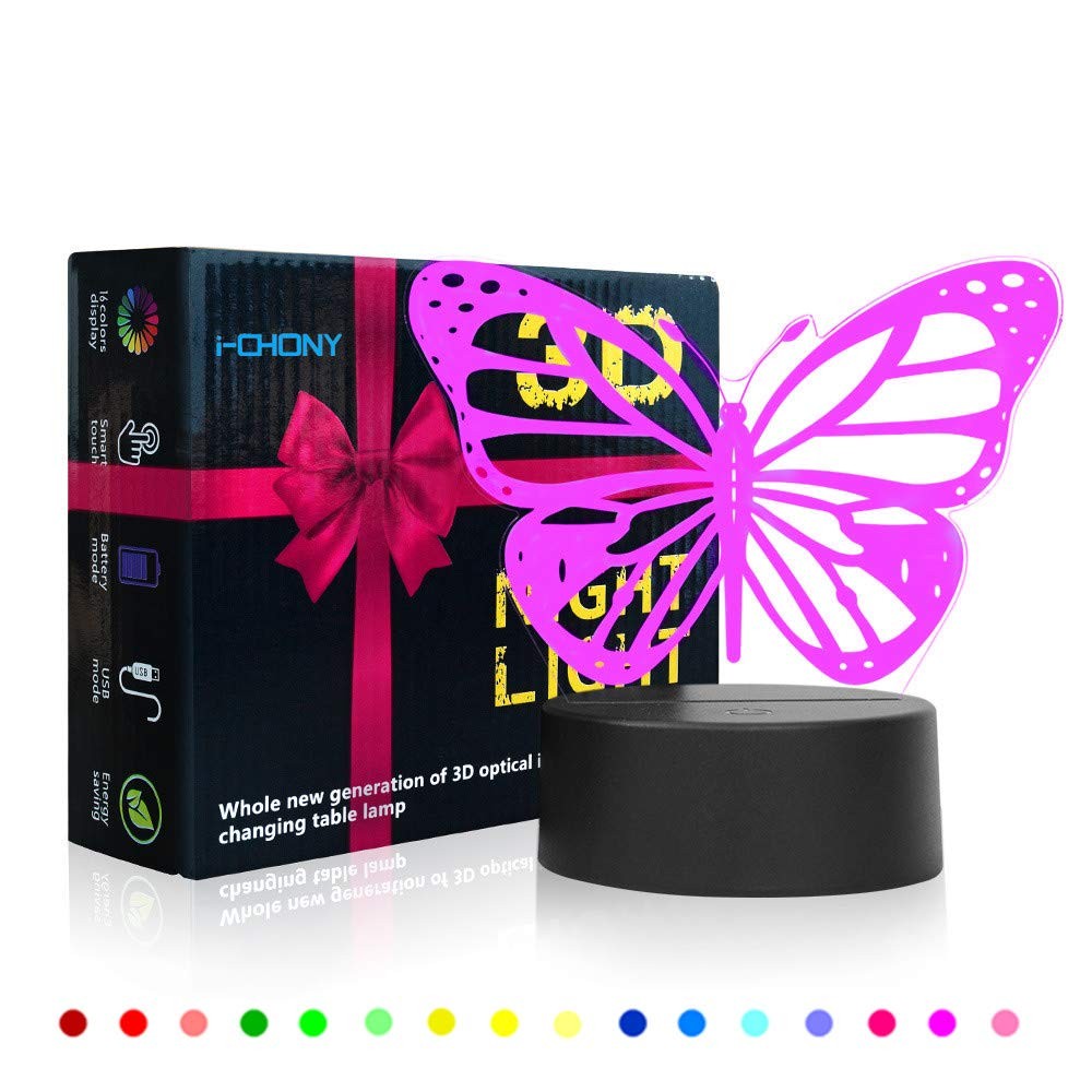 Butterfly 3D Night Light Illusion Lamp Touch Remote 7Color Auto Change USB Cable