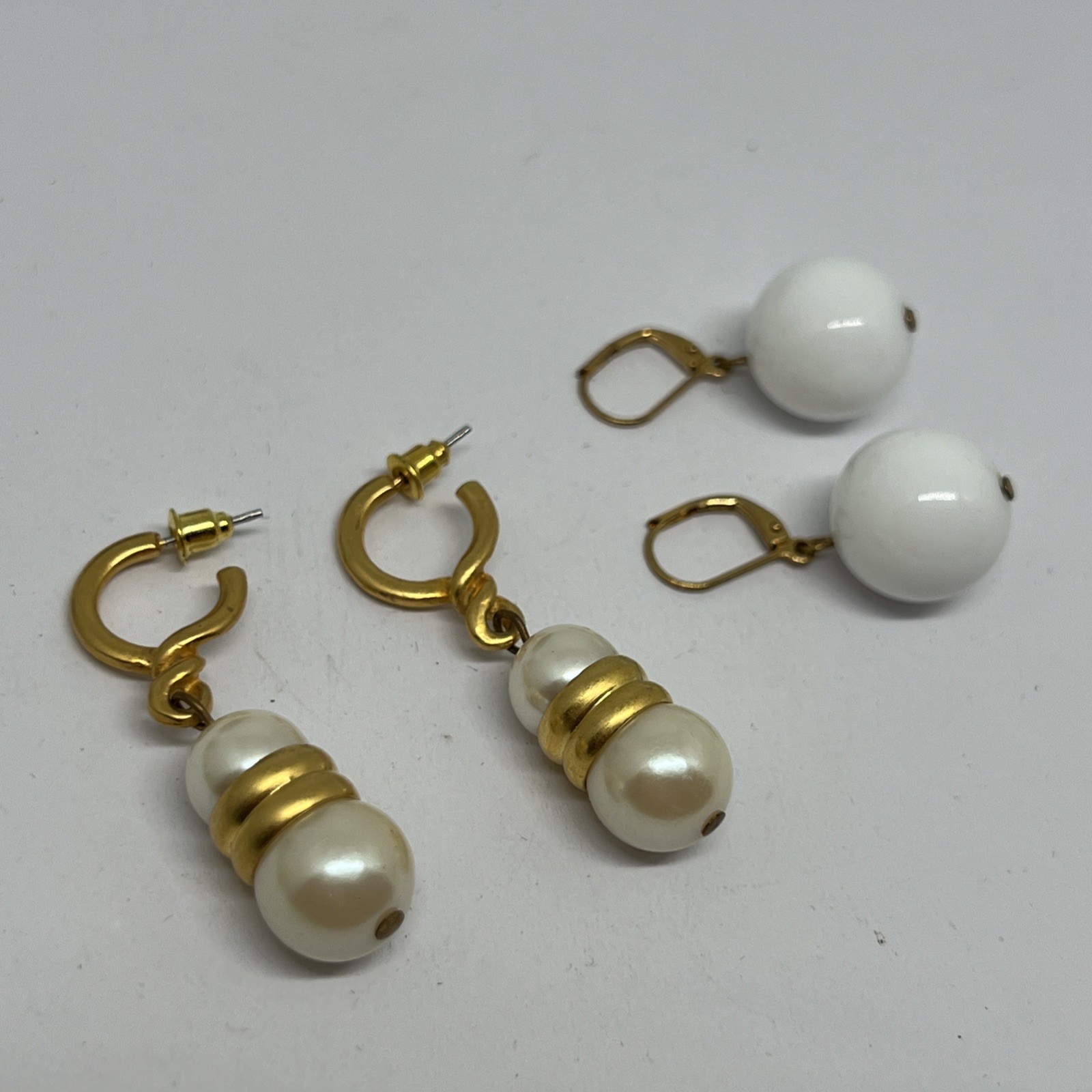 Vintage Earrings Lot 2 Pairs Faux Pearl J Hoop Dangle White Leverback Bead