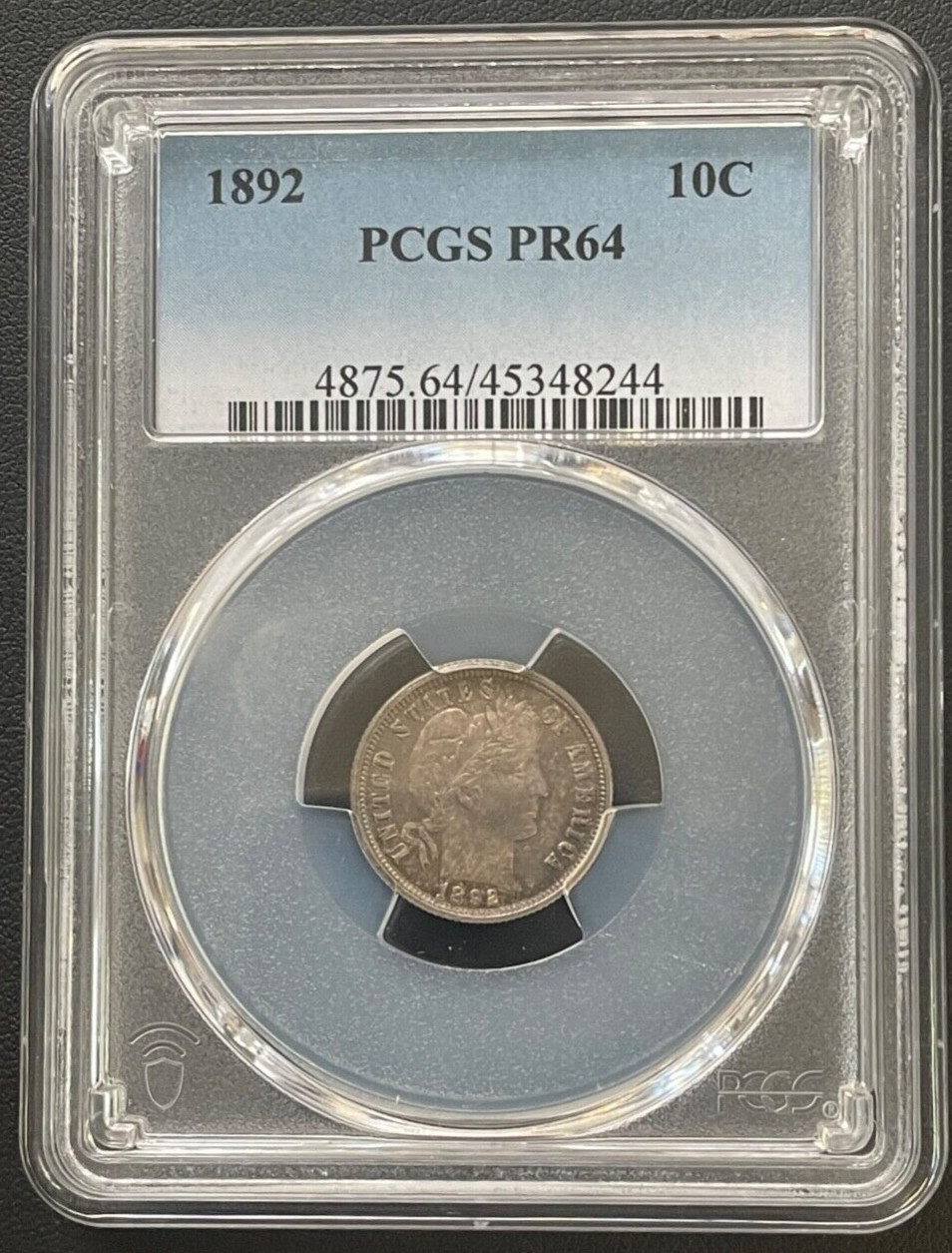 1892 P Proof Barber Silver Dime, PCGS PR 64, Beautiful Blue Toning, Low Mintage