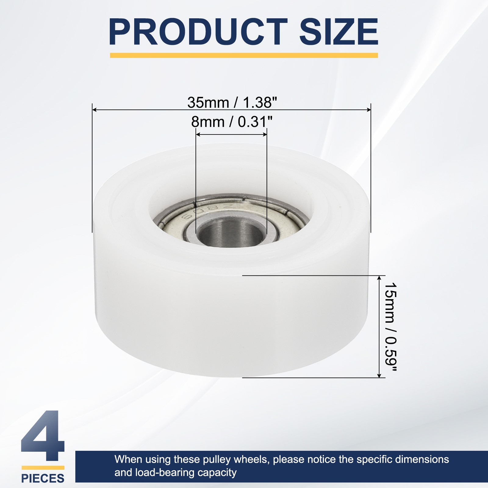 Roller Idler Bearing Pulley, 8 x 35 x 15mm Sliding Flat Wheel White Pack of 4