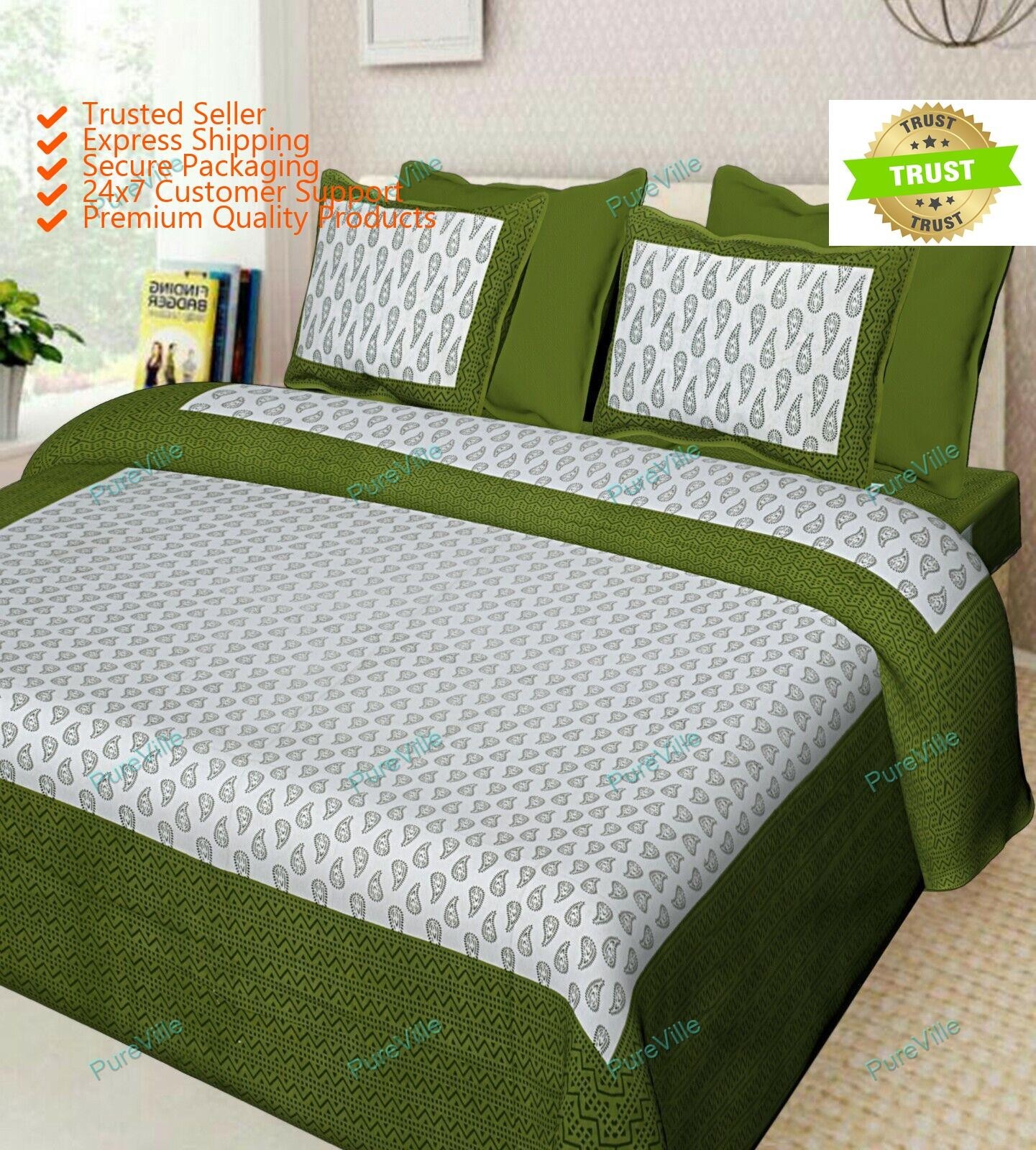 Modern Desginer Floral Printed Cotton Double Bed Sheet With 2 Pillow Cover
