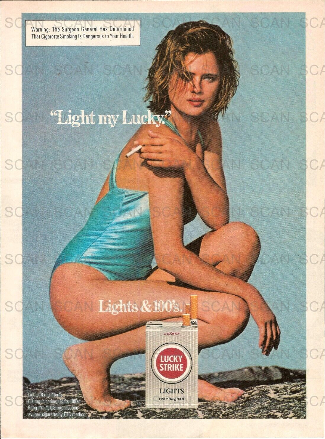 1985 Lucky Strike Lights Cigarette Vintage Magazine Ad   Sexy Girl in Swimsuit