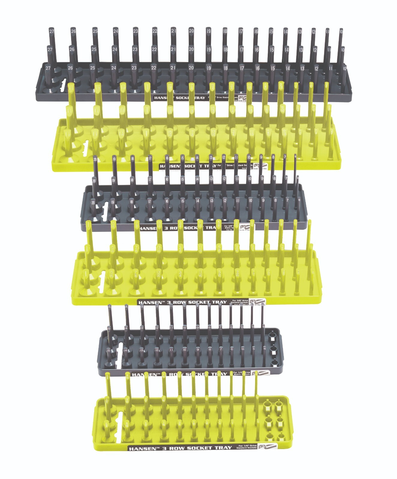 Hansen 3 Row Socket Organizers|Tool Tray Holders|1/4" 3/8" 1/2"|Yellow&Grey|USA