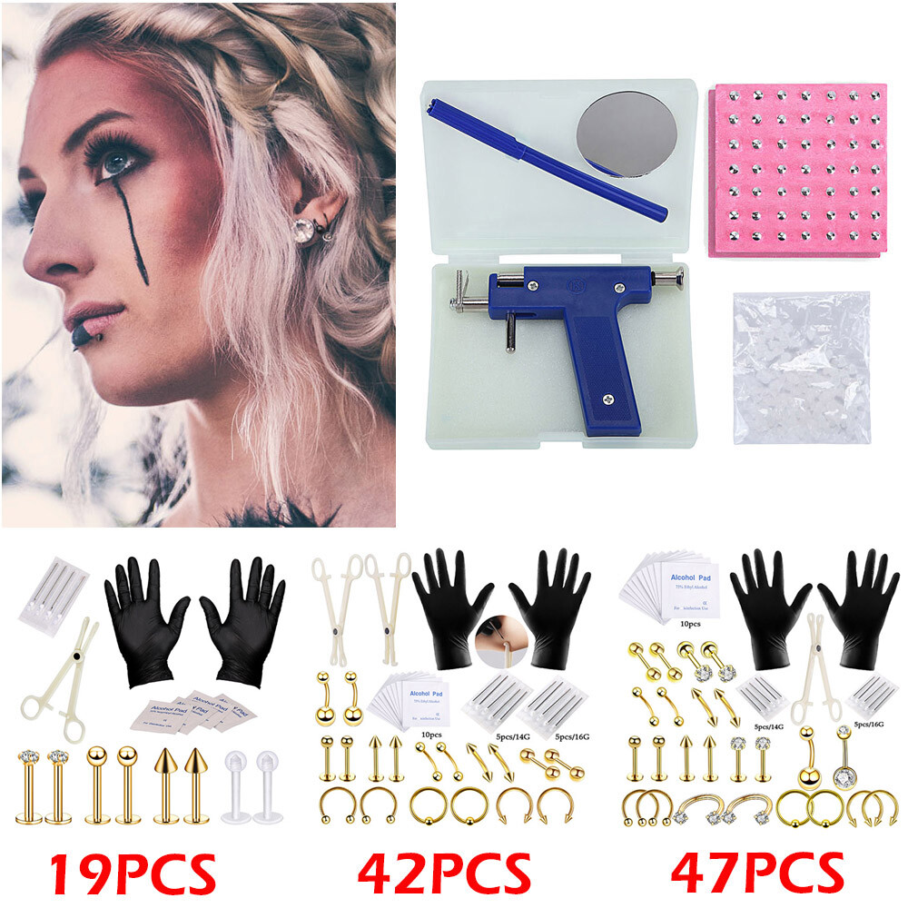 Professional Gold Body Piercing Kit Ear Nose Navel Lip Helix Tongue Rings Studs