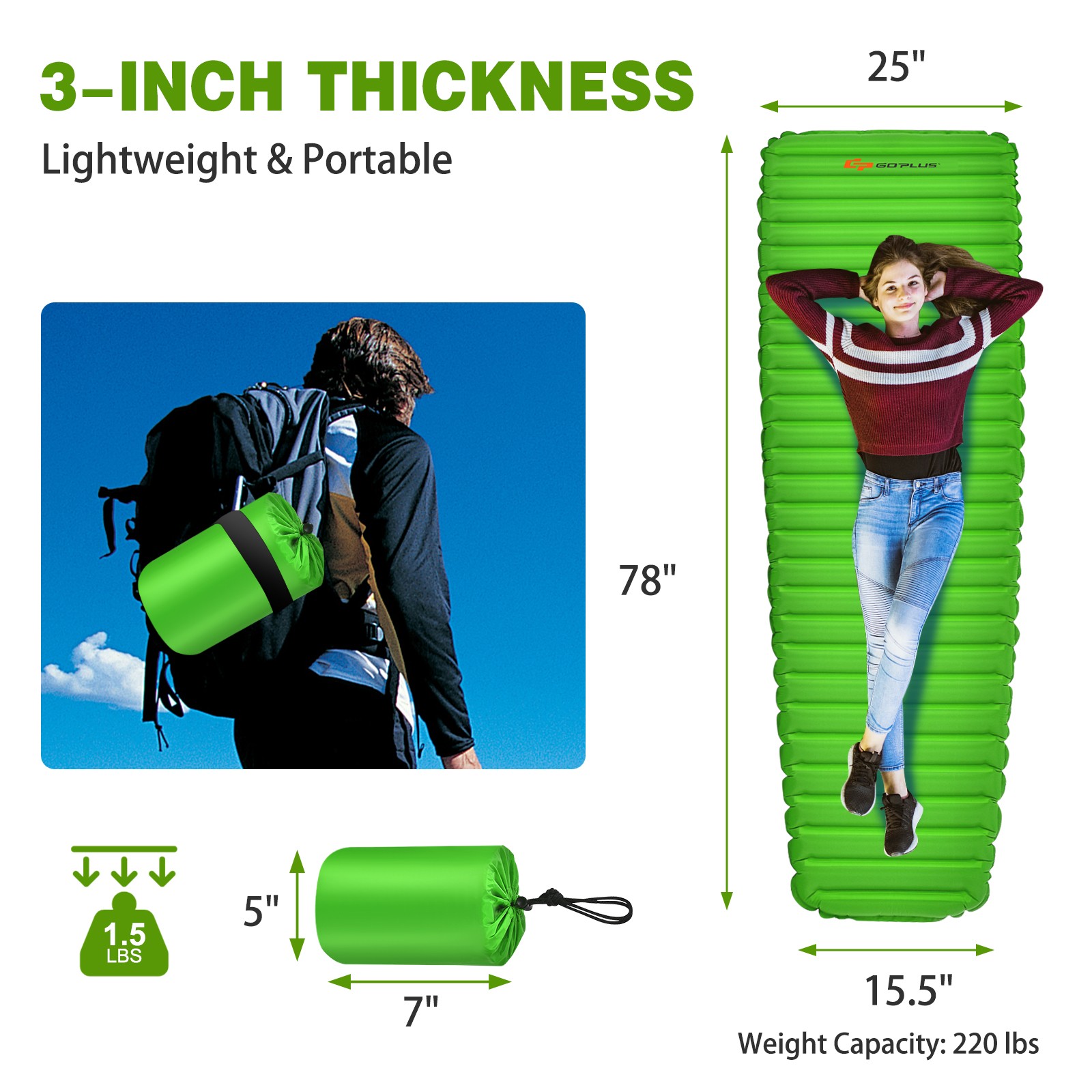 Inflatable 3 Inch Camping Sleeping Pad Waterproof & Comfortable Sleeping Mat
