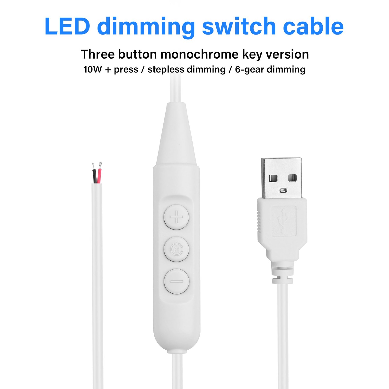 5Pcs USB Cable, 6-Speed Dimming Switch, Stripped Ends, 1.5M/4.9FT, White