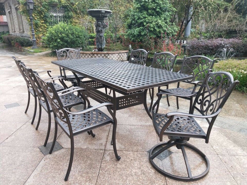 9 piece outdoor dining set Rubaiyat Expandable Table cast aluminum furniture.