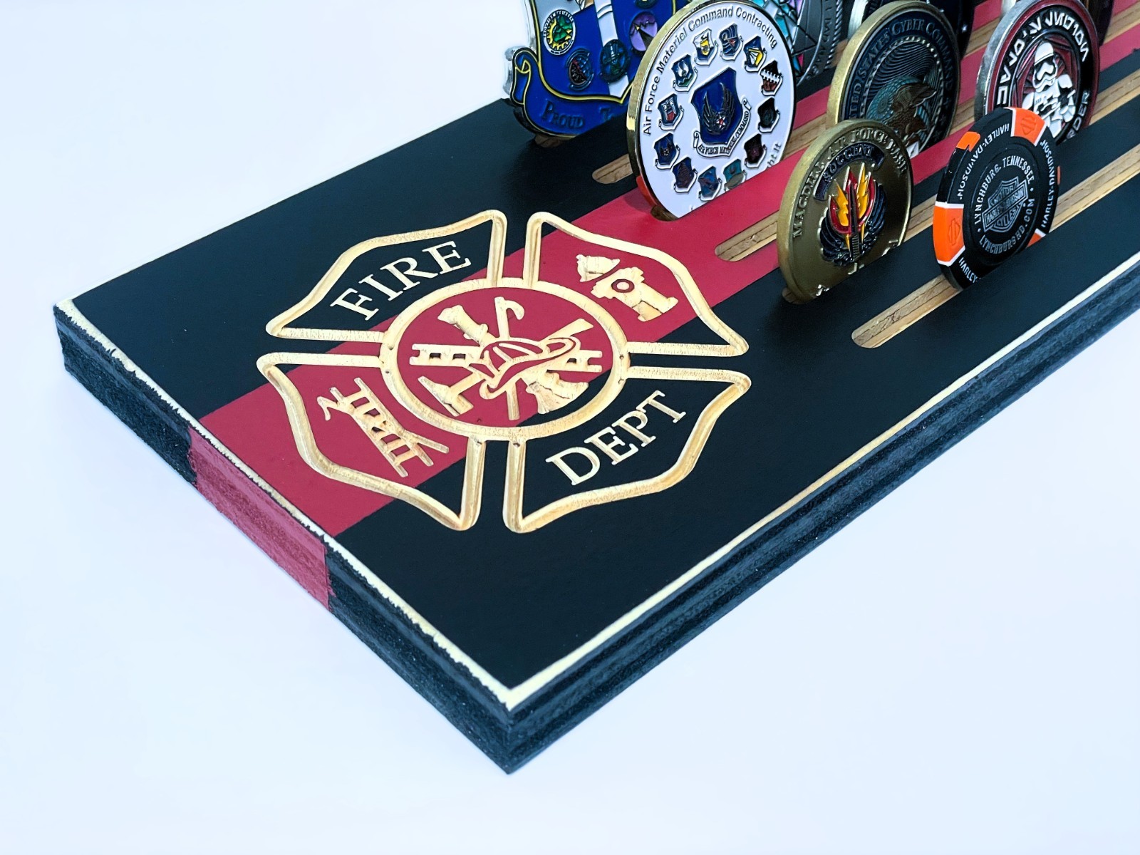 Firefighter Thin Red Line Challenge Coin Display Rack Engraved Wood Stand Gift