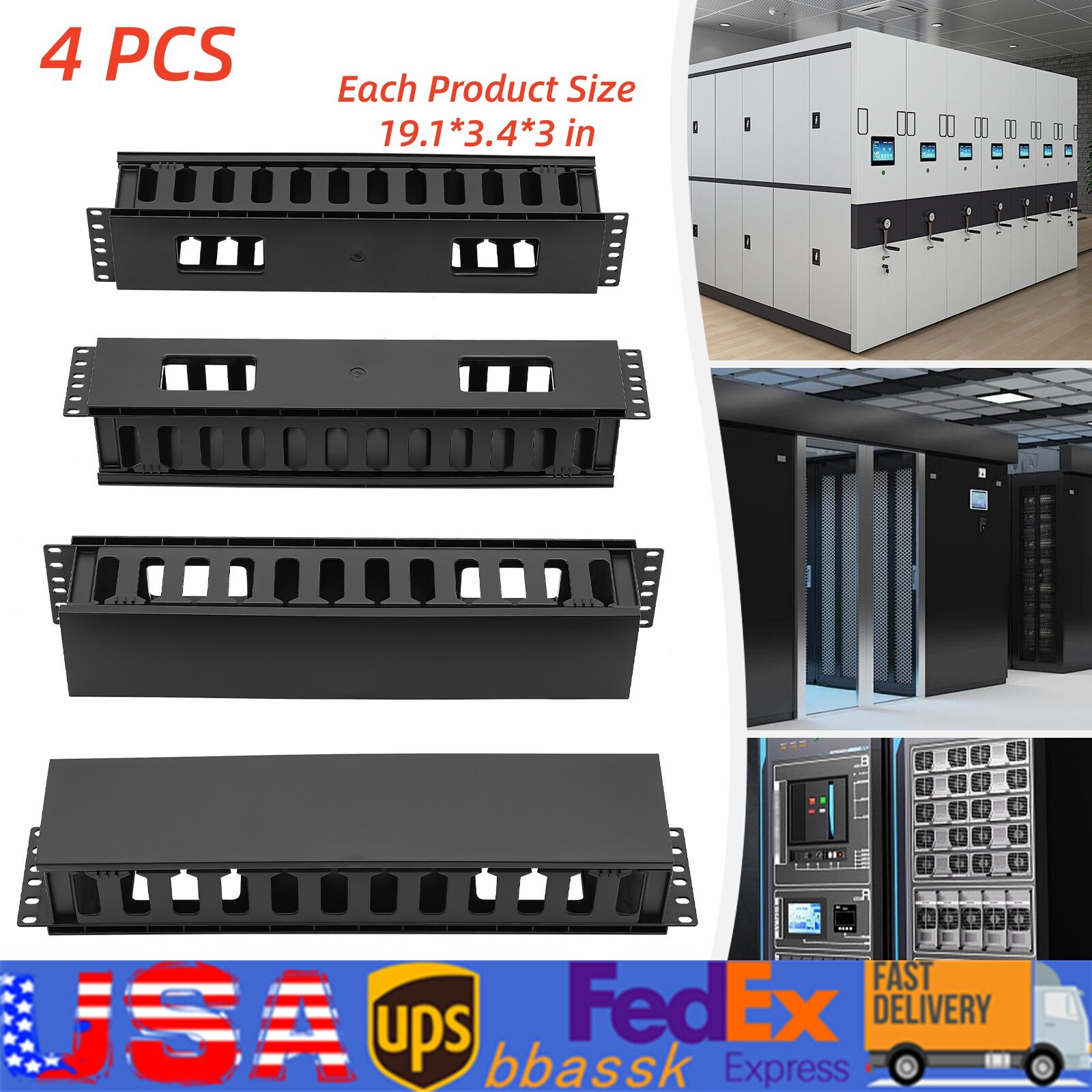 4 Pack Horizontal Rack Mount Cable Management, Cable Organizer, Cable Raceways