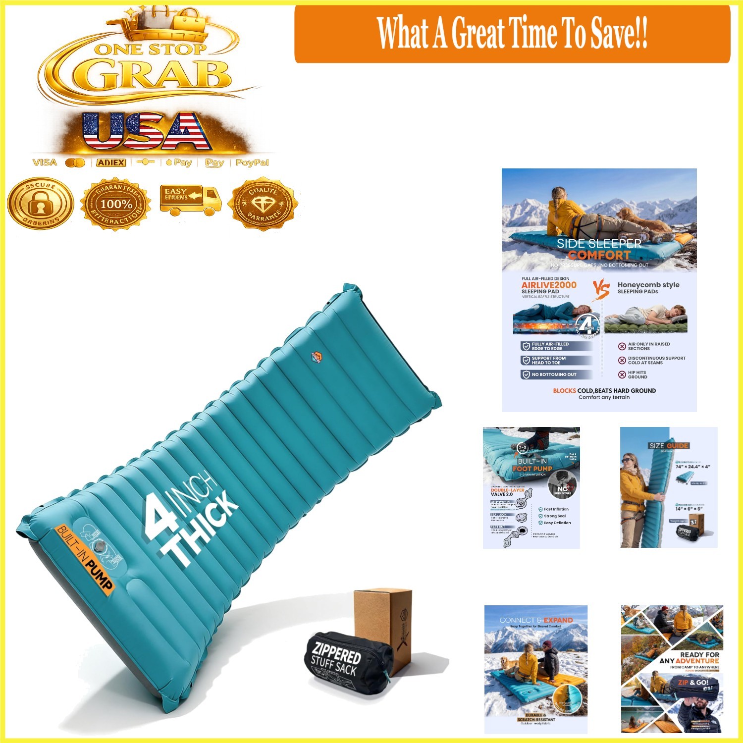 Inflatable Camping Sleeping Pad 4-Inch Thick Full Air Support Built-in Pump Blue