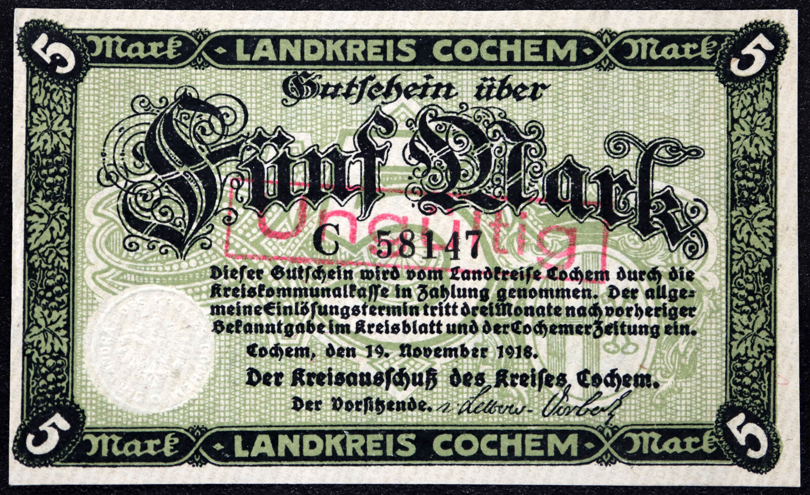 COCHEM 1918 5 Mark Grossnotgeld German Notgeld Banknote Castle