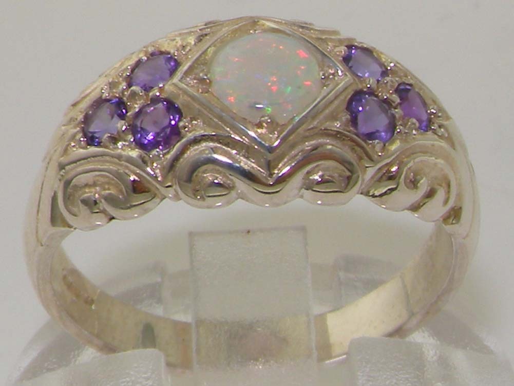English 925 Solid Sterling Silver Genuine Natural Opal & Amethyst Band Ring