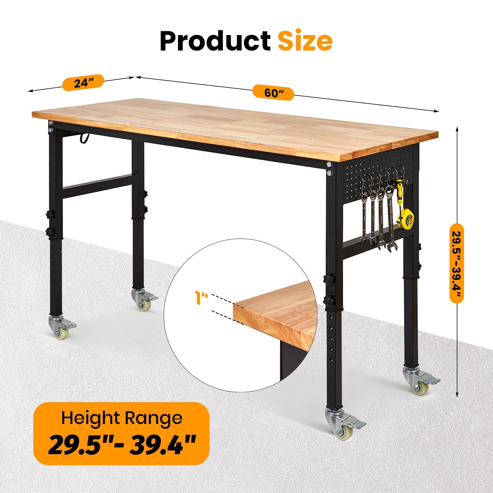 60" Adjustable Workbench Garage Work Table w/ Power Outlet, Wheels & Pegboard