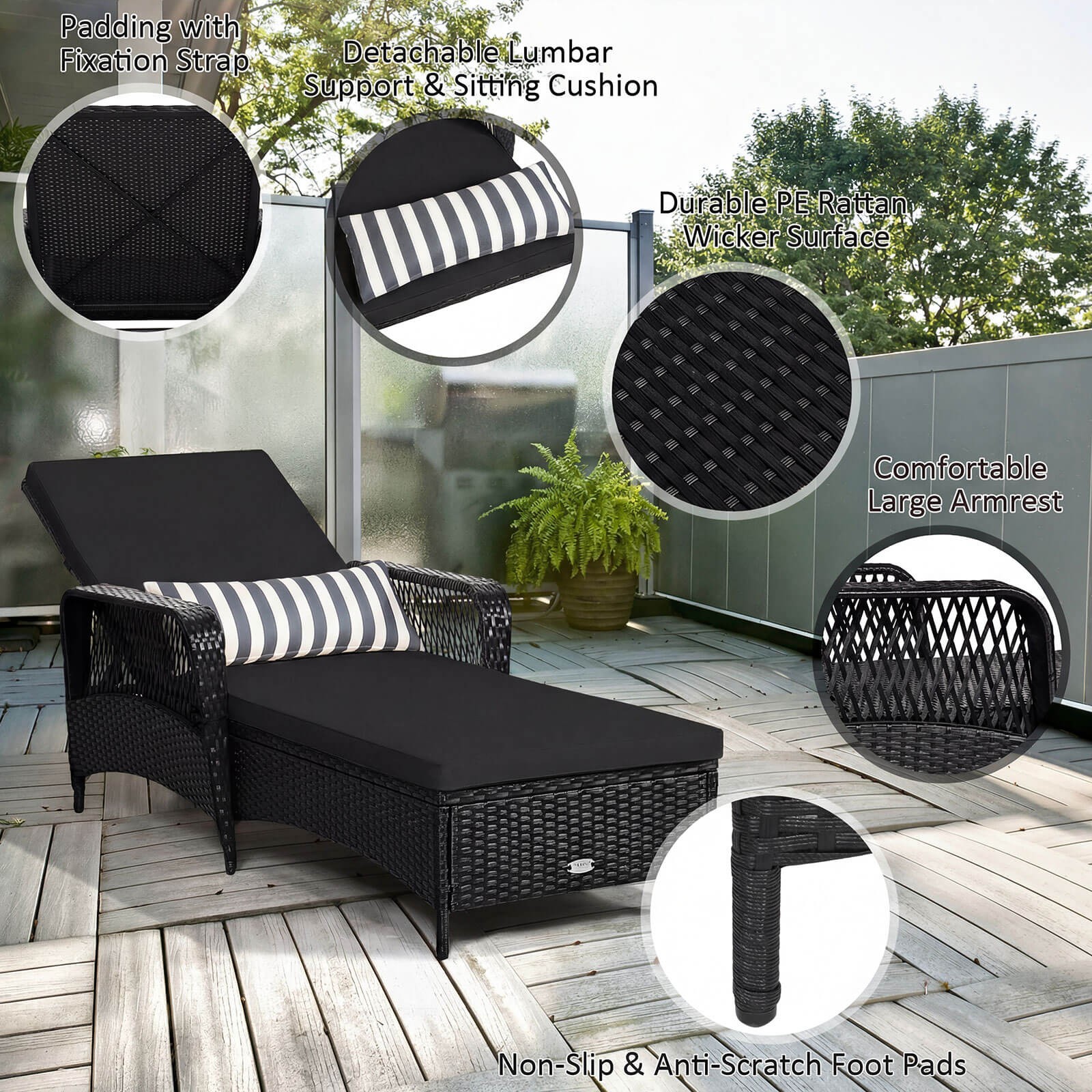 PE Rattan Chaise Lounge Chair Armrest Recliner Adjustable Pillow Black for lawn